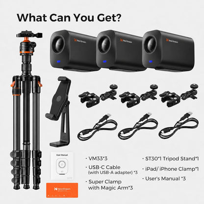 NearStream VM33 3-Pack Wireless Streaming Camera Kit with Tripods, Super Clamps & Tablet Mount, 2K Live Stream Camera Bundle for Podcast, Interview, Vlog, Church, Zoom